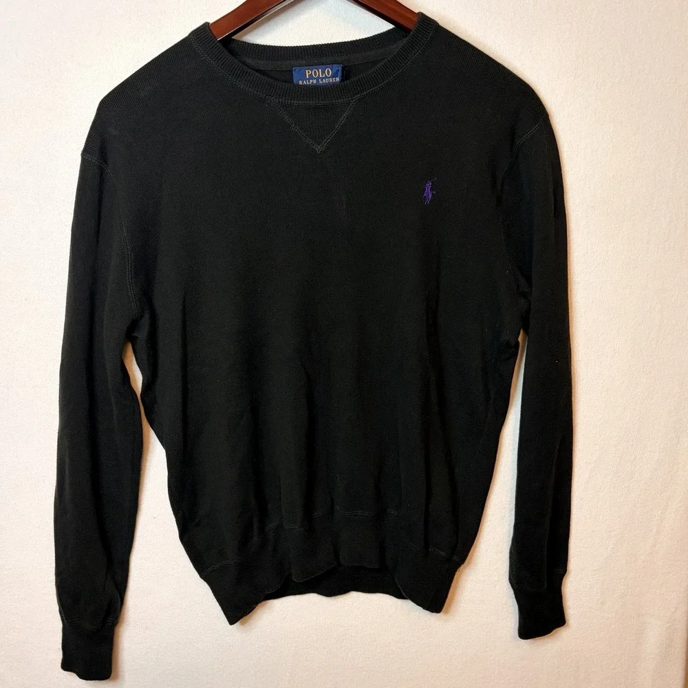 Polo Ralph Lauren Black Cotton Crewneck Sweater Purple Pony Logo Size Medium